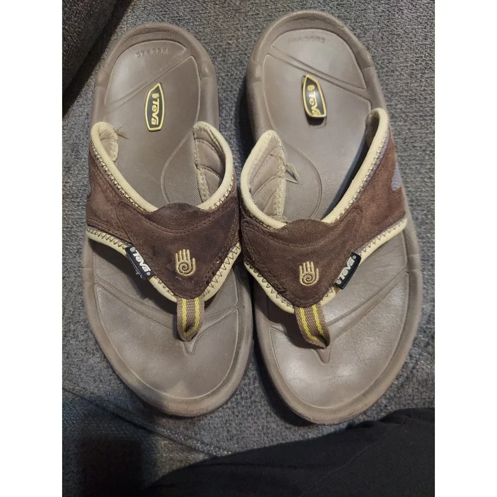 Teva Mens 8 Suede Thong Flip Flops Sandals Outdoor Toe Post Leather Brown Pool